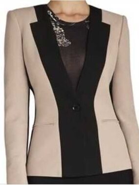 BCBGMAXAZRIA Rowe color block blazer beige black tailored single-button closure